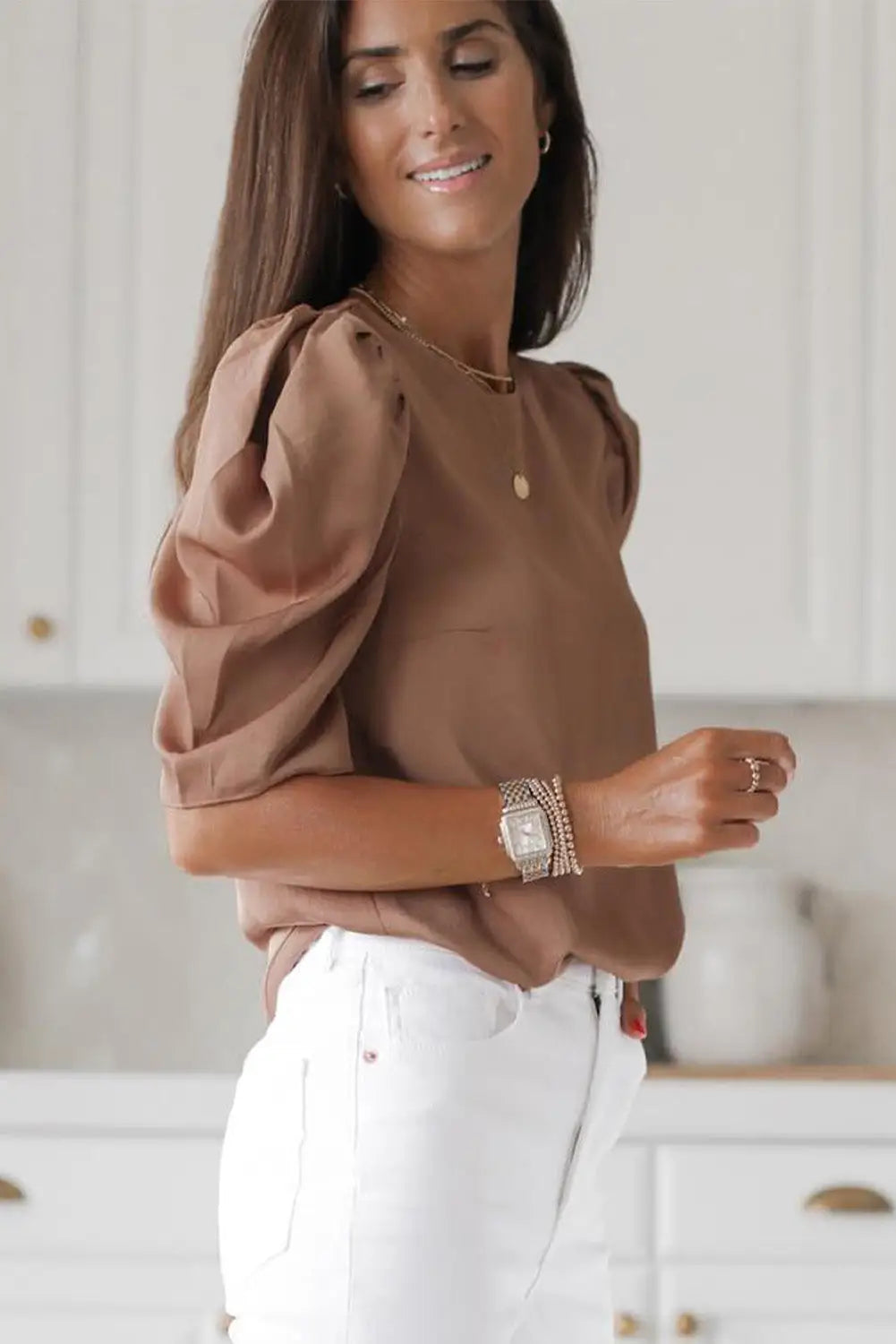 Brown keyhole back puff sleeve crew neck top - tops