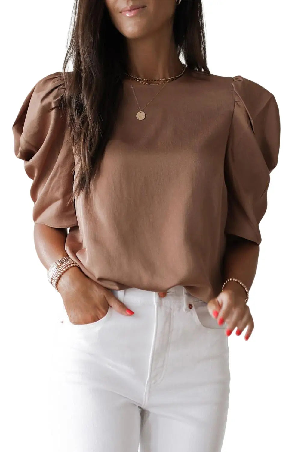Brown keyhole back puff sleeve crew neck top - t-shirts