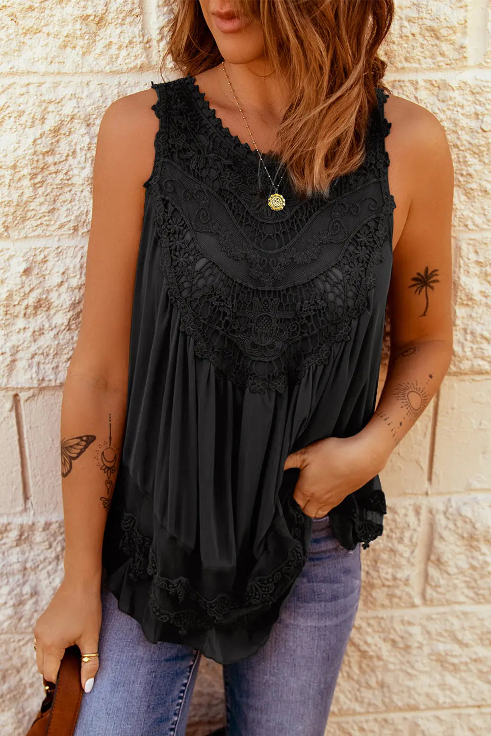 Brown lace detail buttons back sleeveless top - black / s / 95% polyester + 5% elastane - tank tops