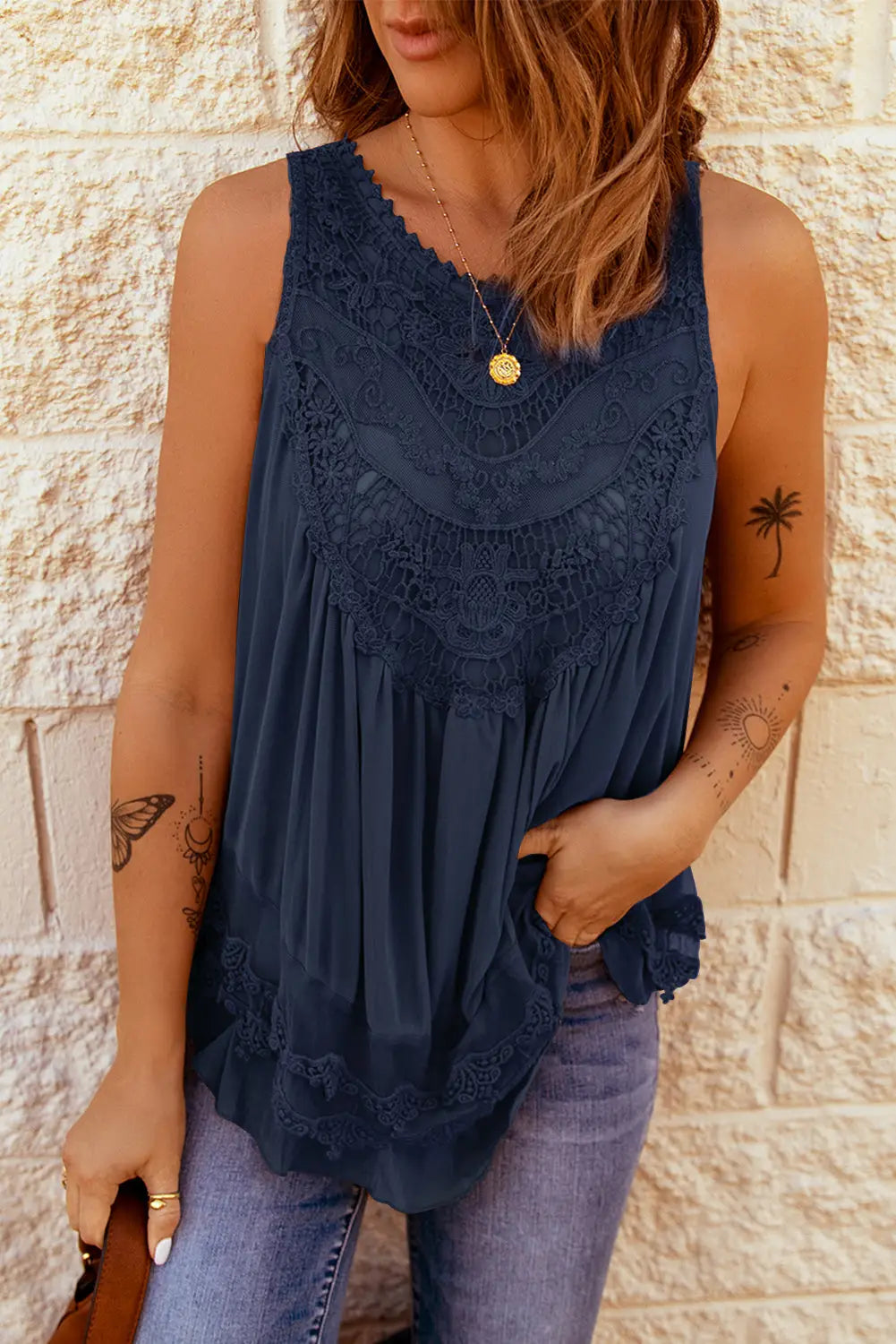 Brown lace detail buttons back sleeveless top - blue / s / 95% polyester + 5% elastane - tank tops