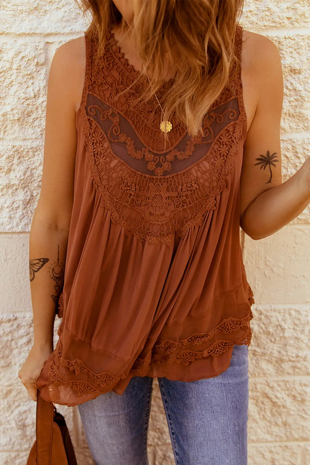 Brown lace detail buttons back sleeveless top - tank tops