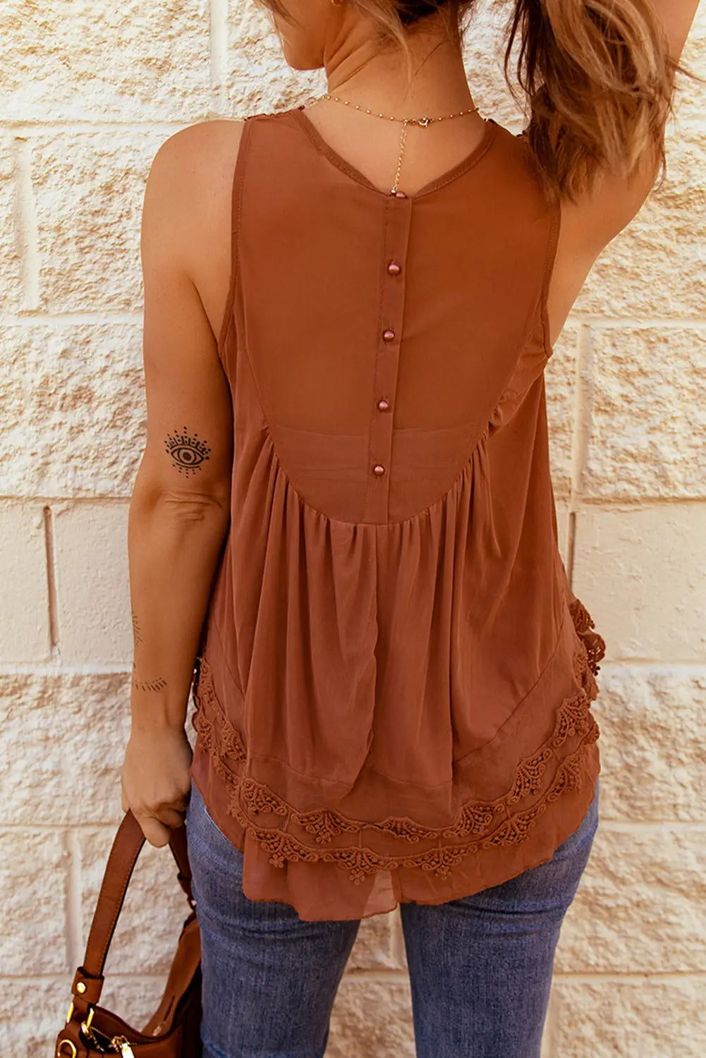 Brown lace detail buttons back sleeveless top - tops