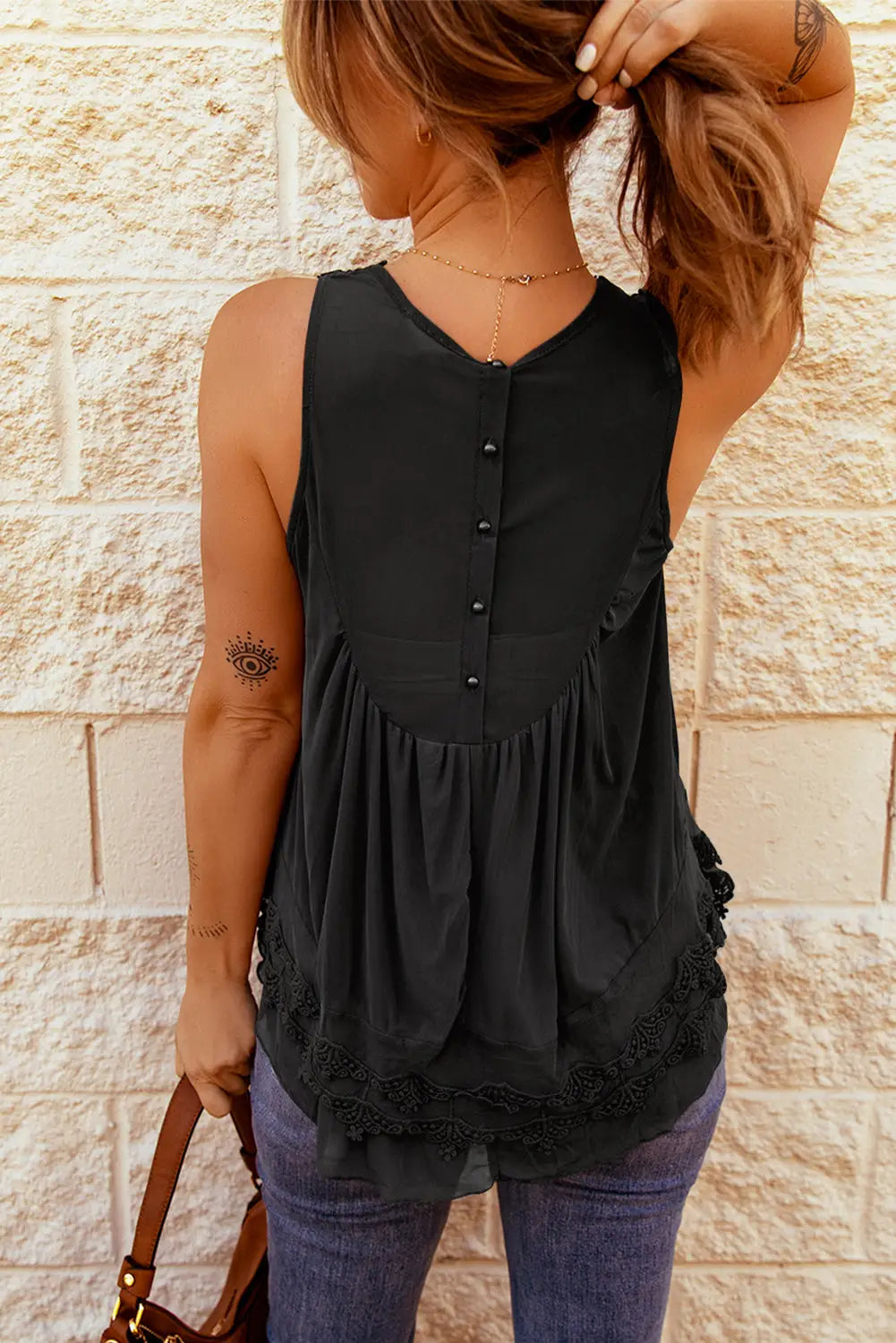 Brown lace detail buttons back sleeveless top - tank tops