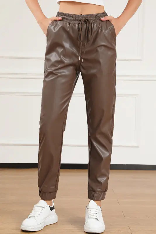 Brown leather tie waist jogger pants - bottoms