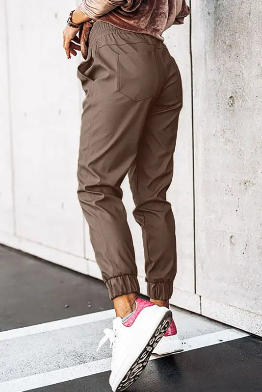 Brown leather tie waist jogger pants - bottoms