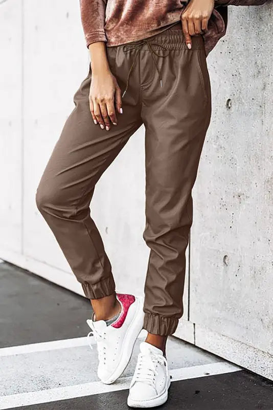 Brown leather tie waist jogger pants - bottoms