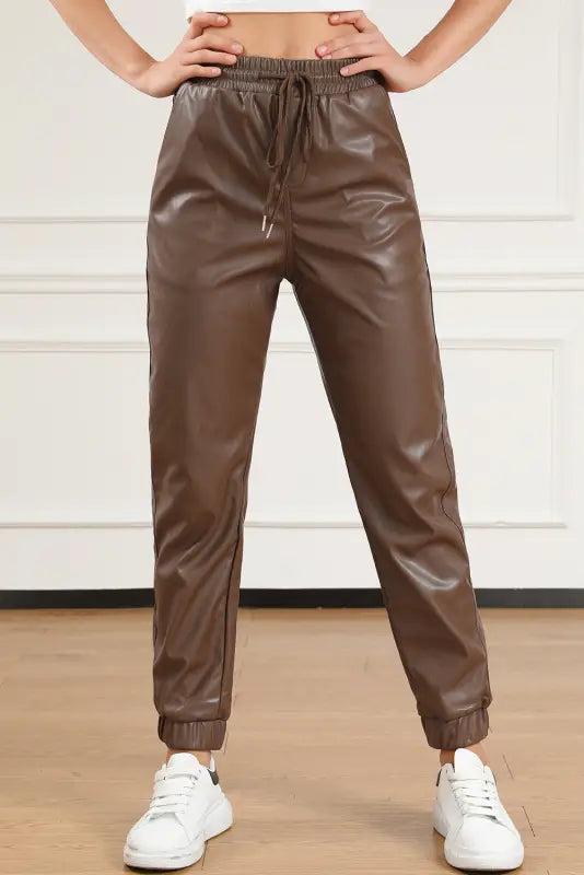 Brown leather tie waist jogger pants - bottoms