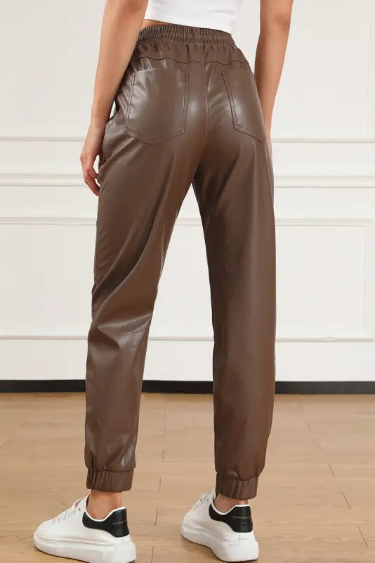 Brown leather tie waist jogger pants - bottoms