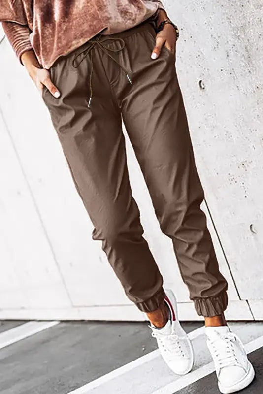 Brown leather tie waist jogger pants - bottoms