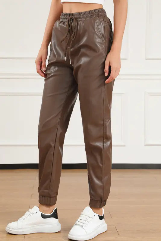 Brown leather tie waist jogger pants - bottoms