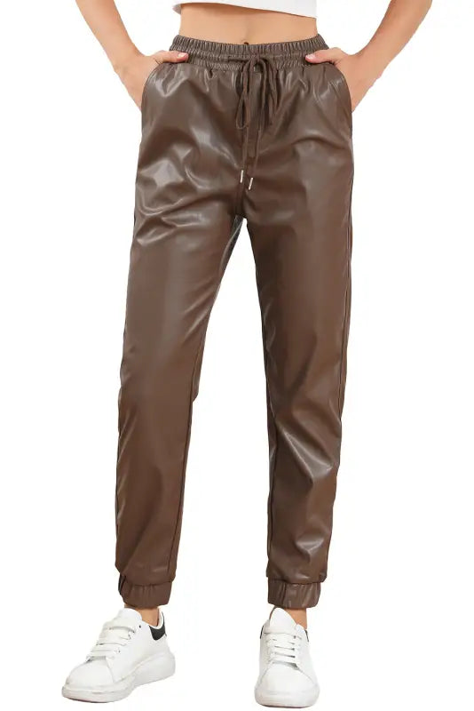 Brown leather tie waist jogger pants - bottoms