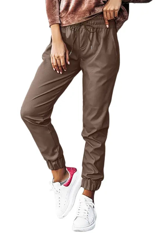 Brown leather tie waist jogger pants - bottoms