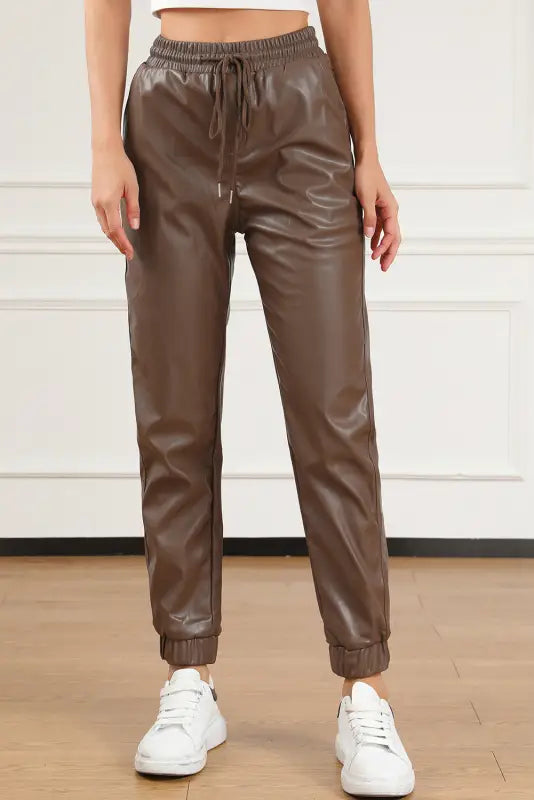 Brown leather tie waist jogger pants - bottoms