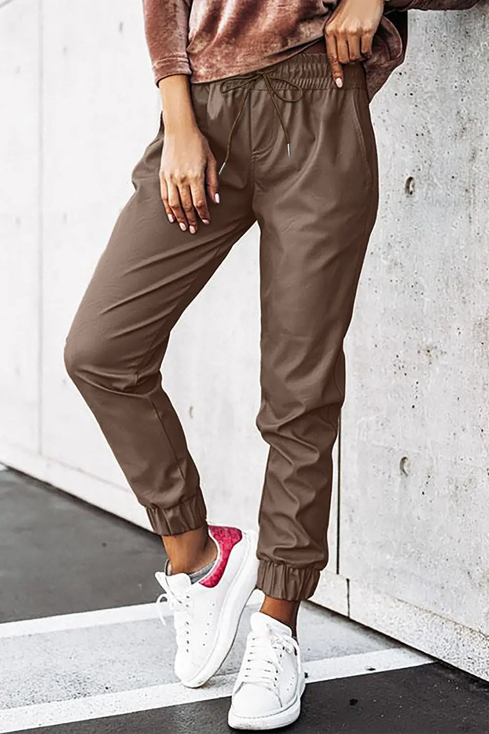 Brown leather tie waist jogger pants - s / 100% pu - joggers