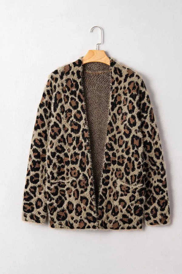 Brown leopard open knit cardigan front view — Fashionfitz UK