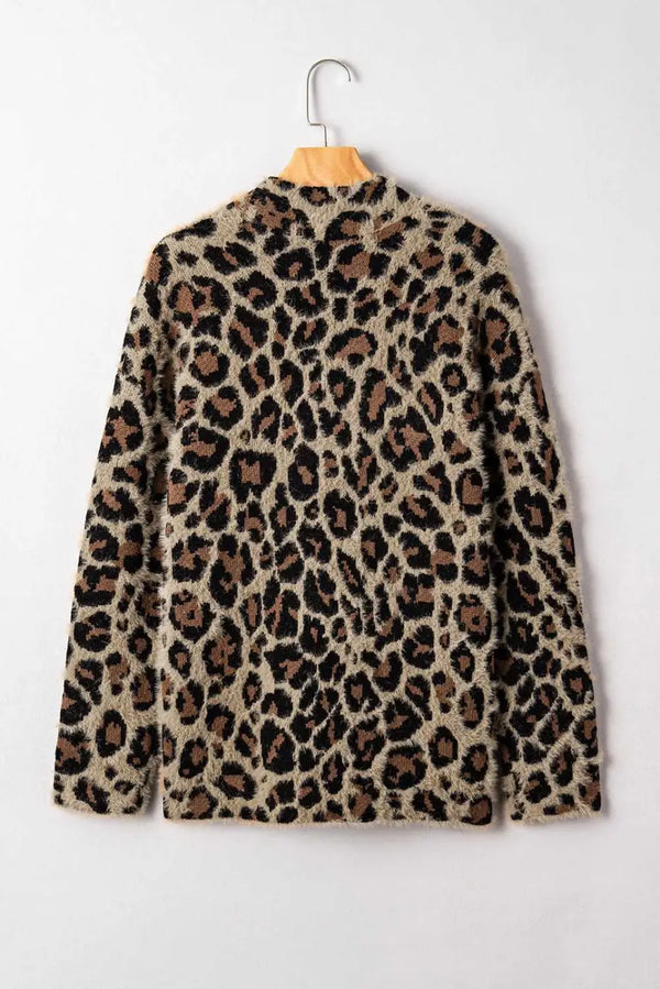 Brown leopard open knit cardigan back view — Fashionfitz UK