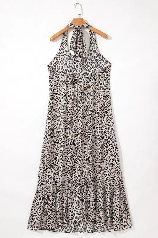 Brown leopard maxi dress - halter neck backless ruffled hem