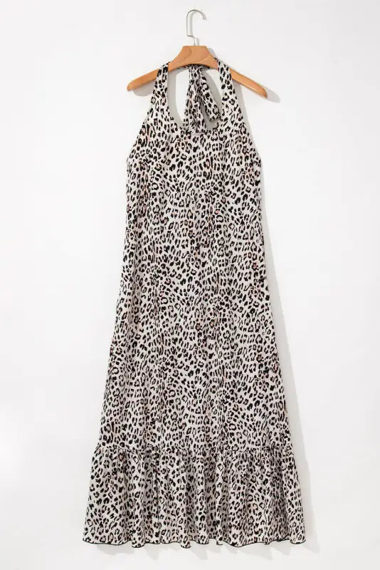 Brown leopard maxi dress - halter neck backless ruffled hem