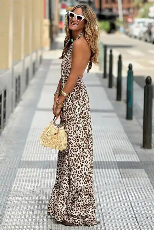 Brown leopard maxi dress - halter neck backless ruffled hem