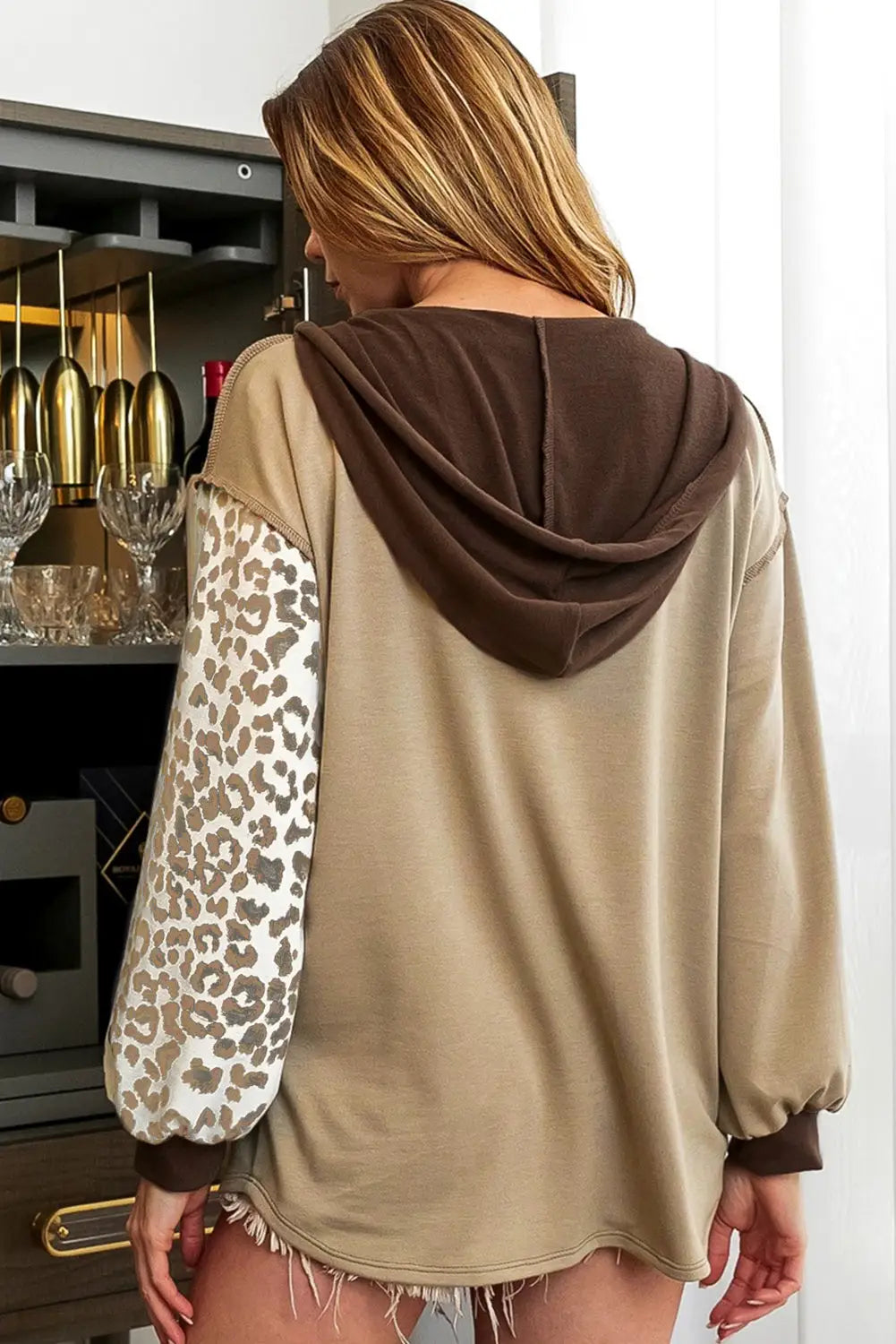 Brown leopard print colorblock chest pocket henley hoodie - sweatshirts & hoodies