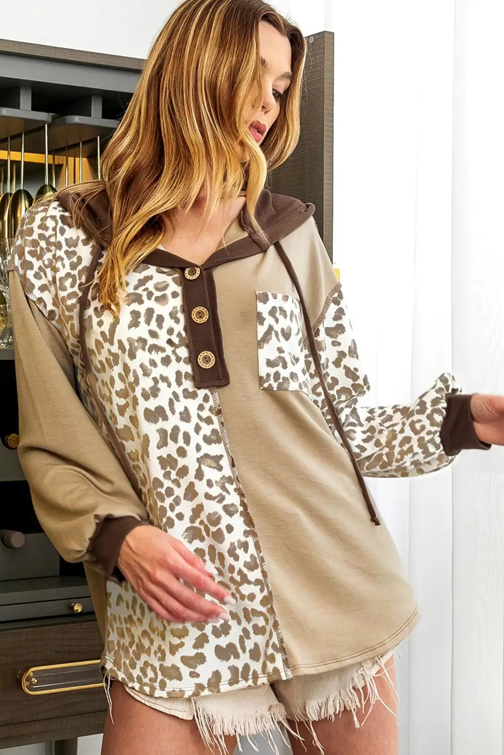 Brown leopard print colorblock chest pocket henley hoodie - sweatshirts & hoodies