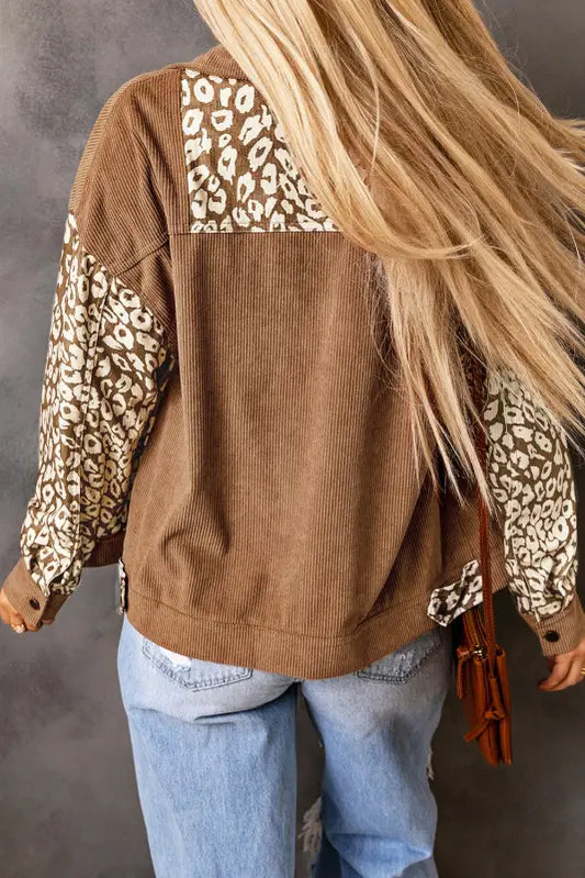 Brown leopard print corduroy long sleeve jacket - jackets