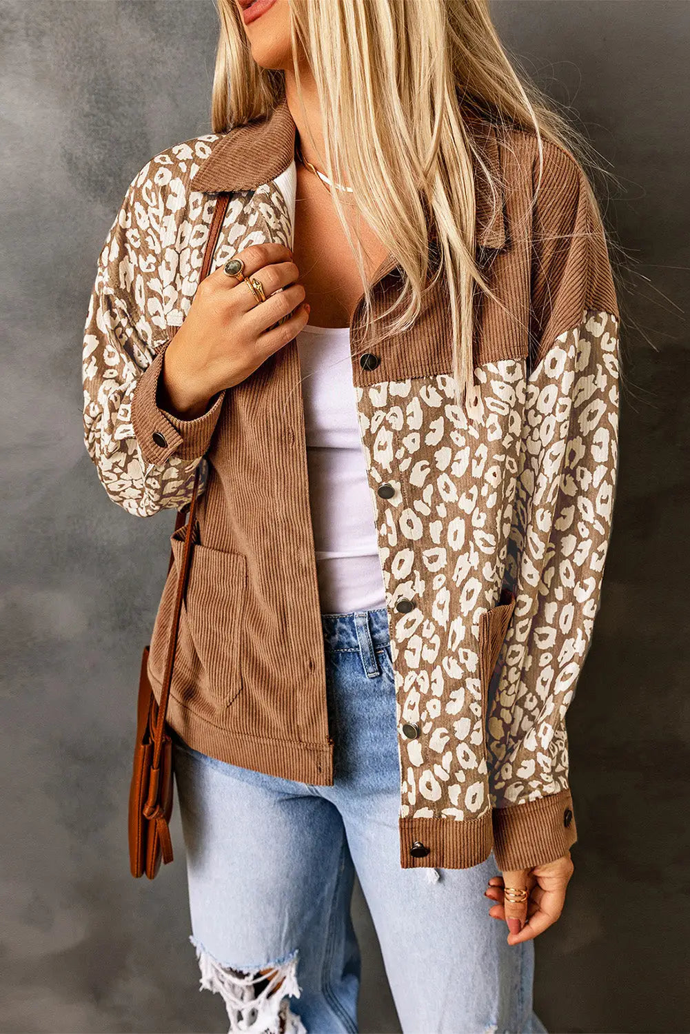 Brown leopard print corduroy long sleeve jacket - jackets