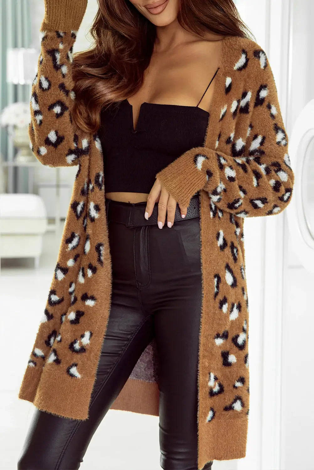 Brown leopard print fur cardigan - sweaters & cardigans