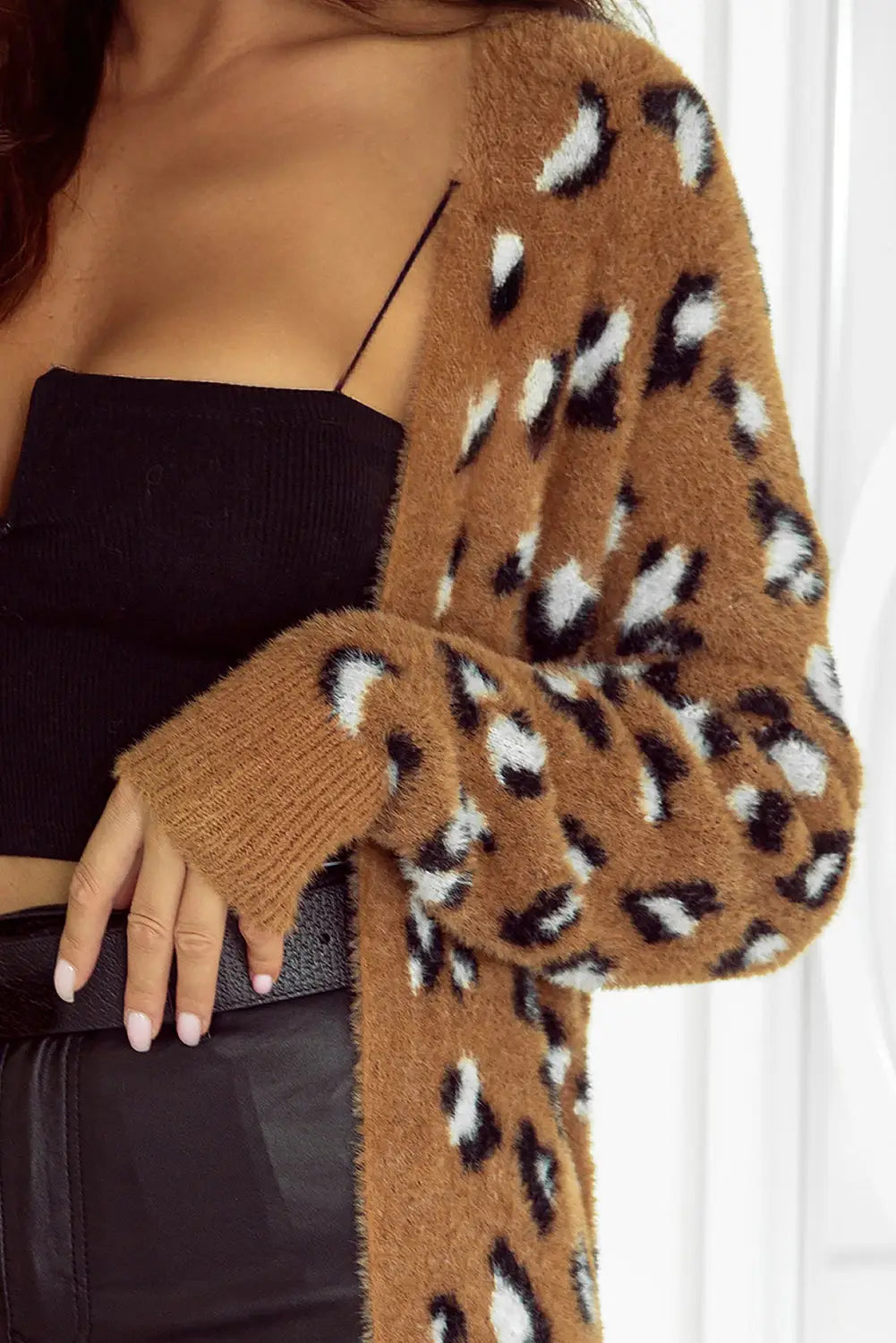 Brown leopard print fur cardigan - sweaters & cardigans