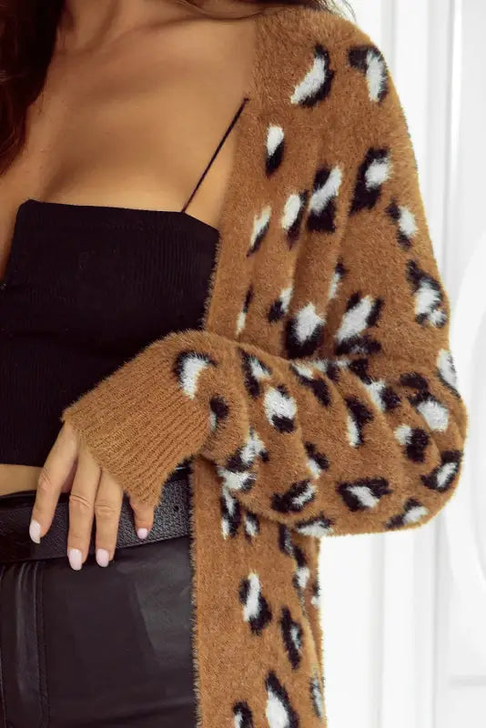 Brown leopard print fur cardigan - sweaters & cardigans