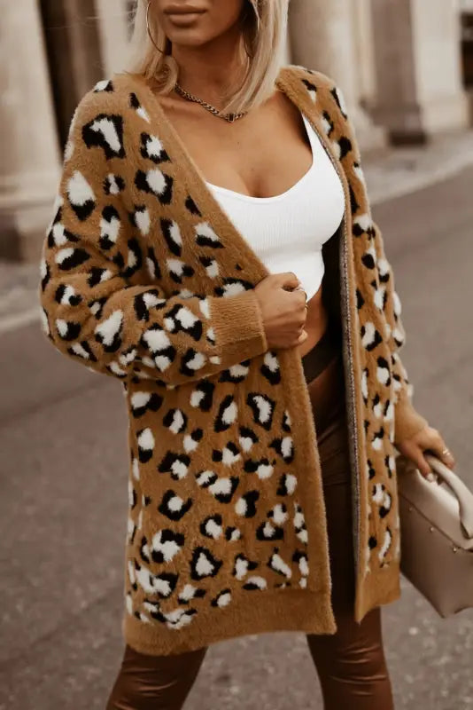 Brown leopard print fur cardigan - sweaters & cardigans