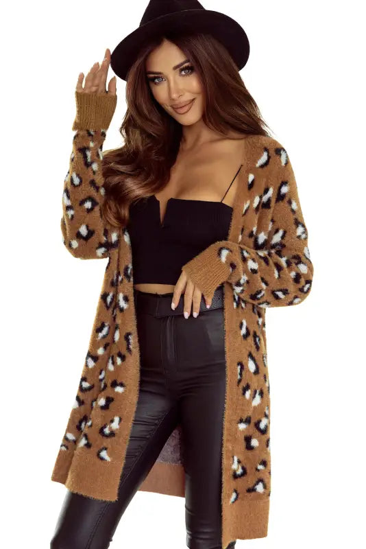 Brown leopard print fur cardigan - sweaters & cardigans