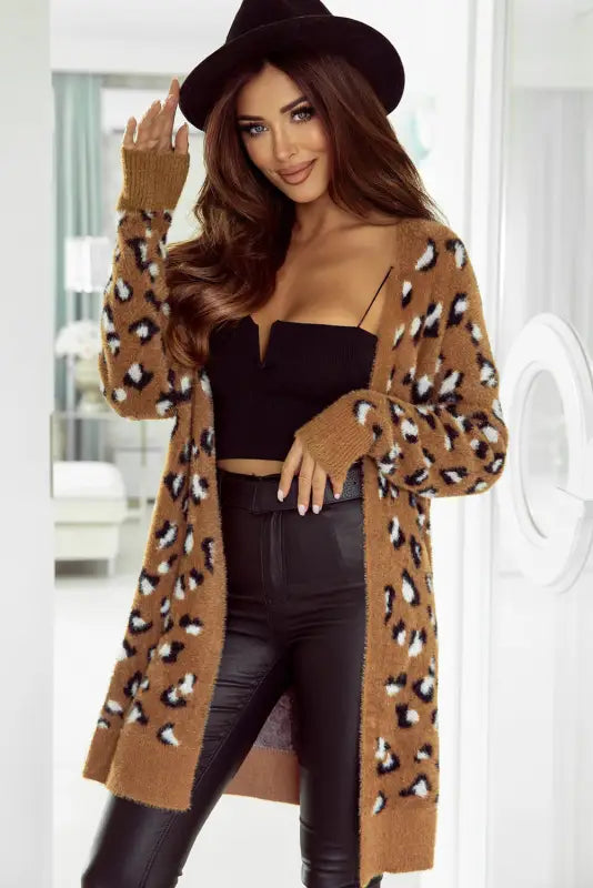 Brown leopard print fur cardigan - s / 100% polyamide - sweaters & cardigans