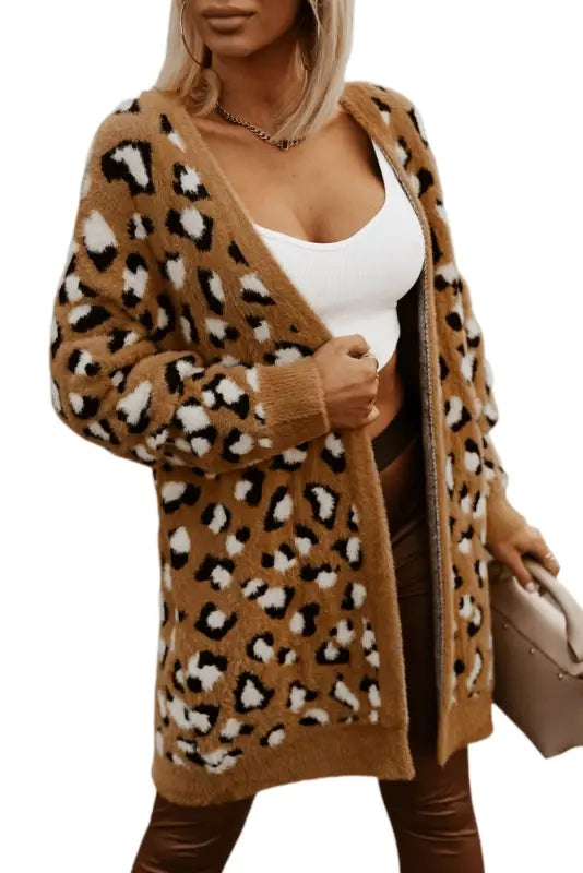 Brown leopard print fur cardigan - sweaters & cardigans