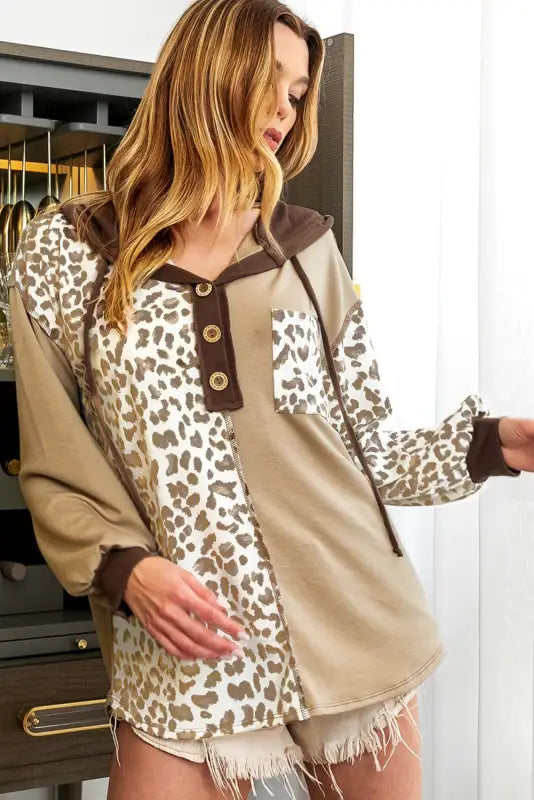 Brown leopard print henley hoodie - hoodies