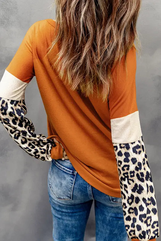 Brown leopard sequin patchwork long sleeve top - tops