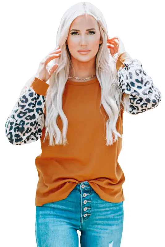 Brown leopard sequin patchwork long sleeve top - tops