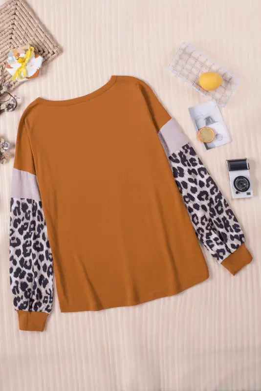 Brown leopard sequin patchwork long sleeve top - tops