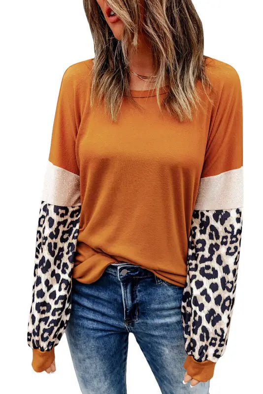 Brown leopard sequin patchwork long sleeve top - tops