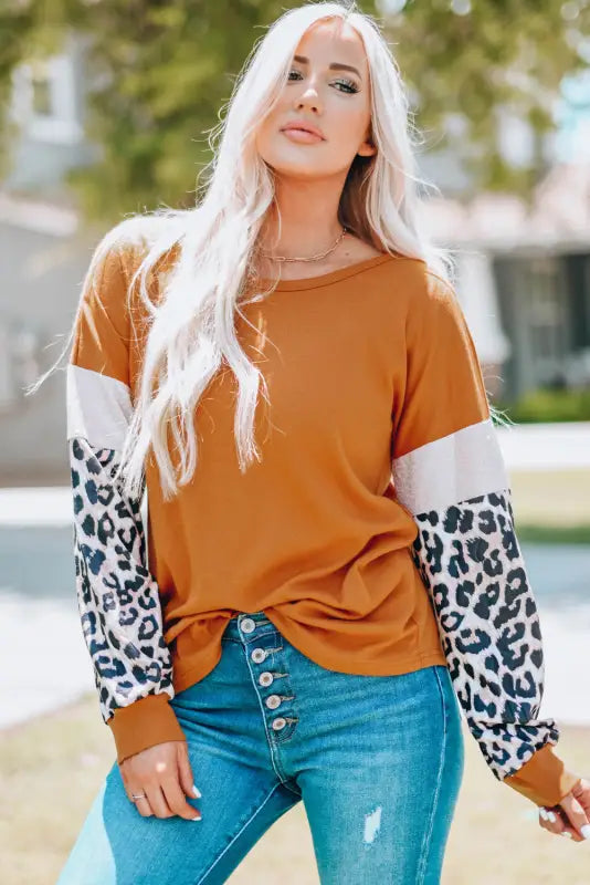 Brown leopard sequin patchwork long sleeve top - tops