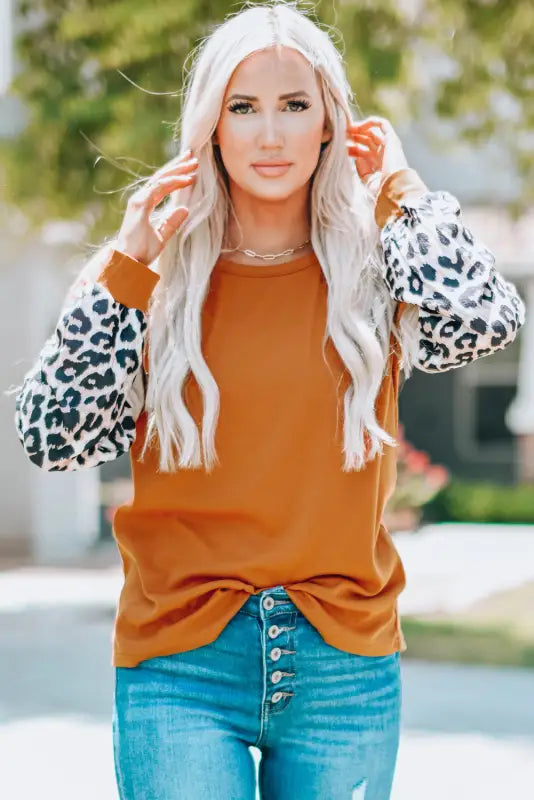 Brown leopard sequin patchwork long sleeve top - tops