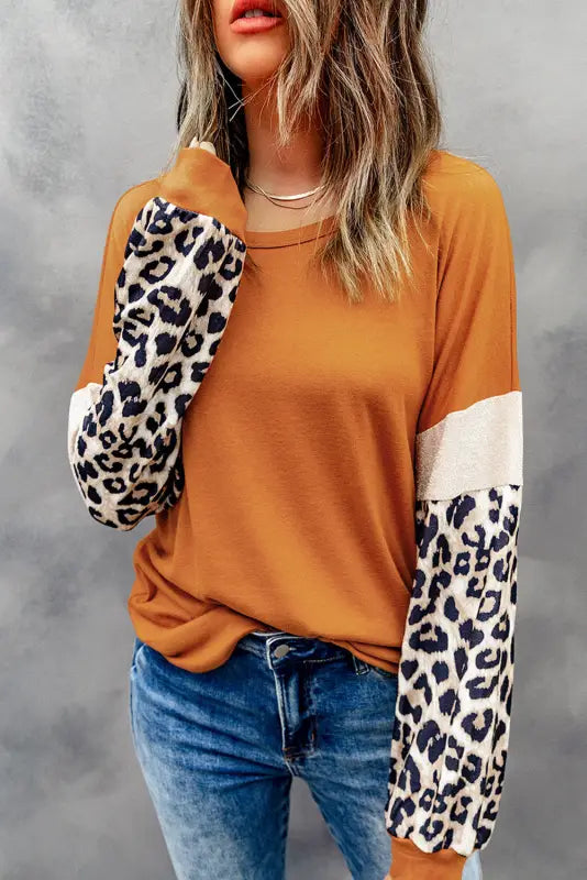 Brown leopard sequin patchwork long sleeve top - tops