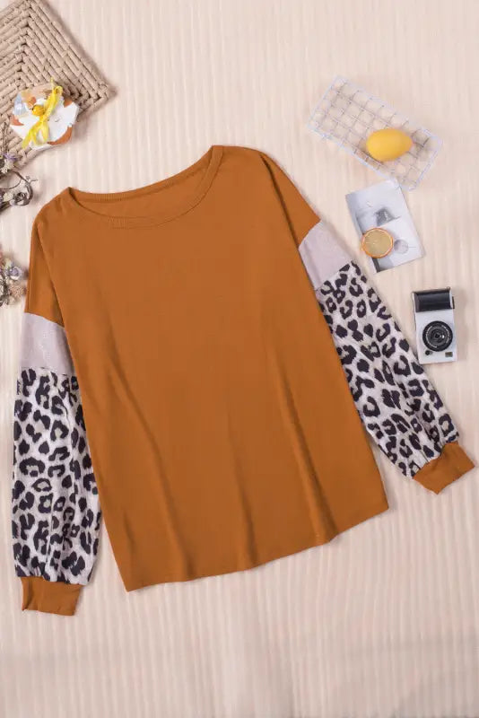 Brown leopard sequin patchwork long sleeve top - tops