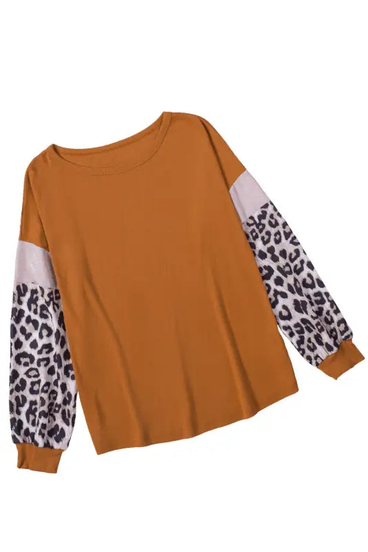 Brown leopard sequin patchwork long sleeve top - tops