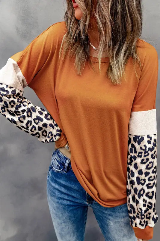 Brown leopard sequin patchwork long sleeve top - tops