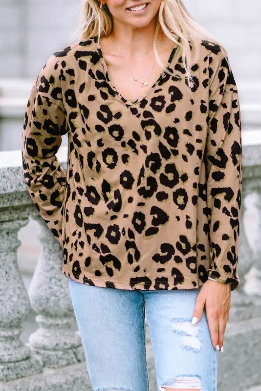 Brown leopard split joint v neck long sleeve tops