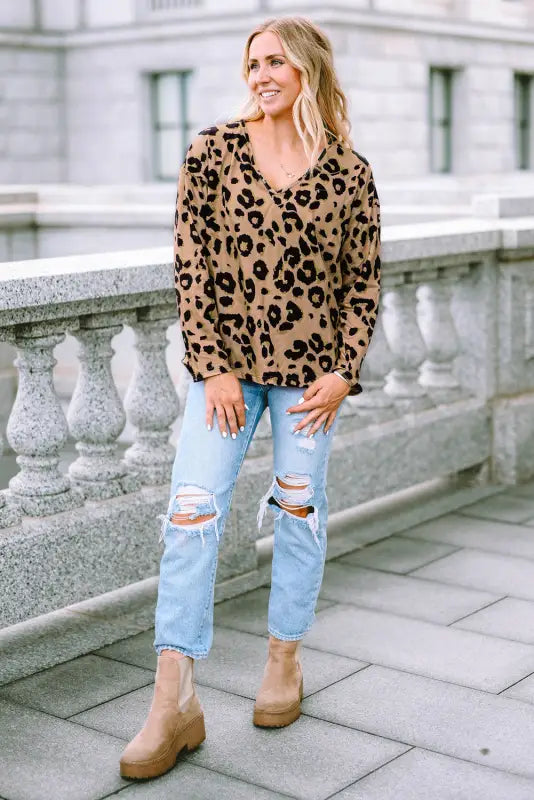 Brown leopard split joint v neck long sleeve tops