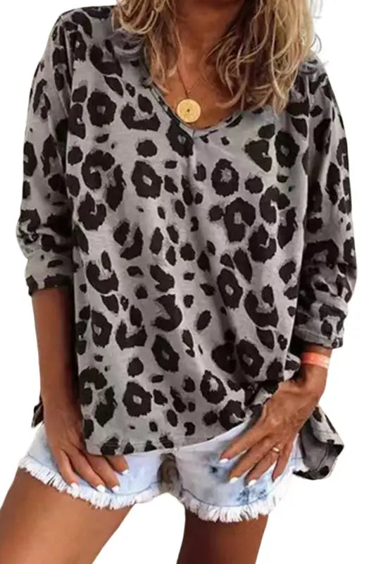 Brown leopard split joint v neck long sleeve tops