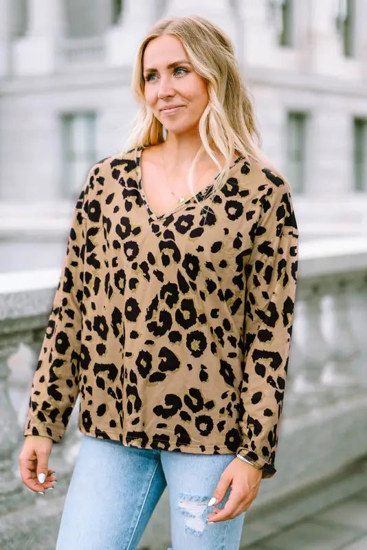 Brown leopard split joint v neck long sleeve tops