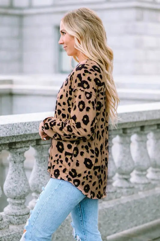 Brown leopard split joint v neck long sleeve tops